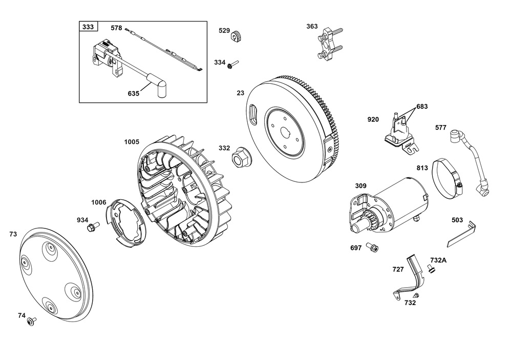 Flywheel, Ignition, And Starter Group Diagram and Parts List for 356447-0641-G1 200000 - 399999 Briggs and Stratton Engine